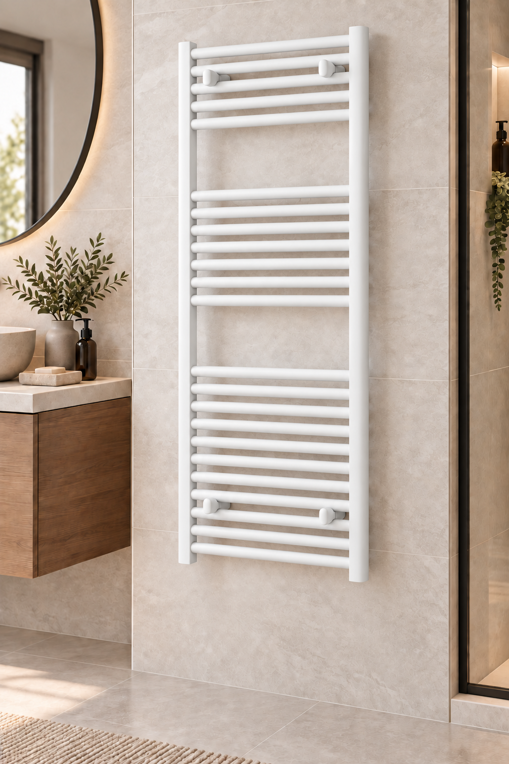 Luno white towel rail in a bathroom setting