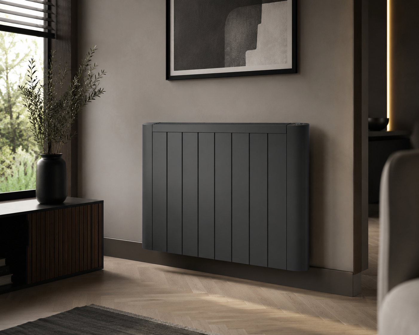 Anthracite electric radiator in a contemporary setting