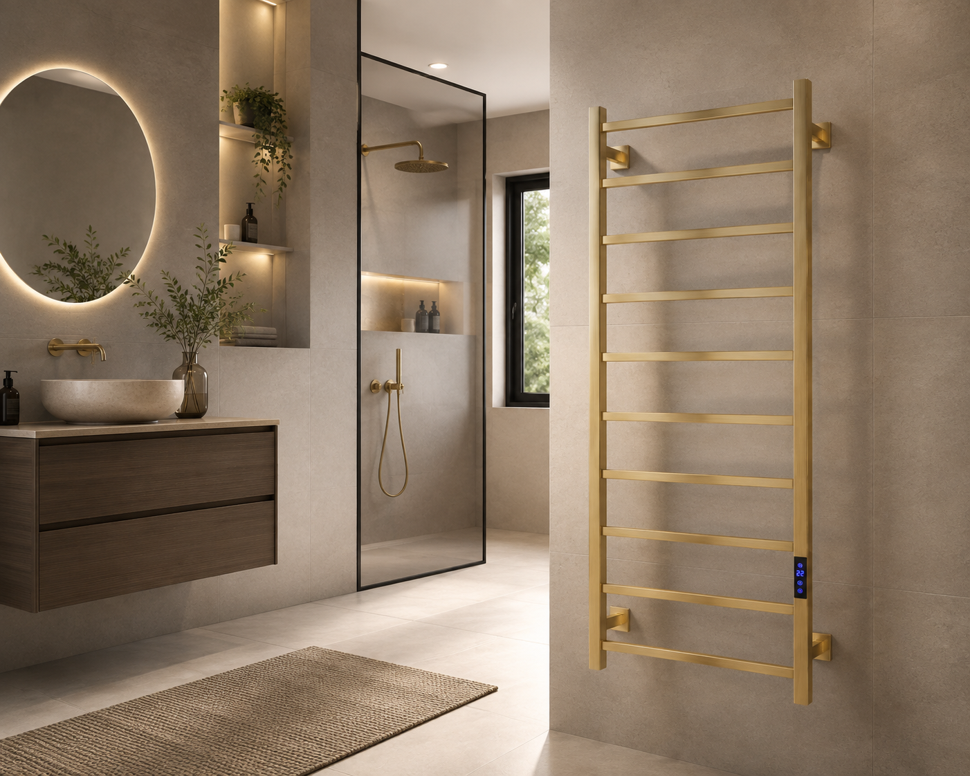 Nexio Electric Towel Rail — Brushed Brass — lifestyle photograph