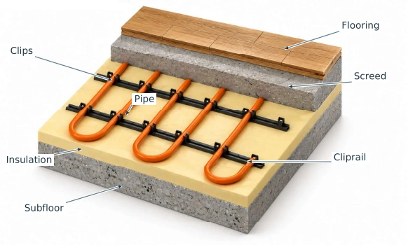 Labelled cutaway of the solid floor — clips and rails showing pipe placement and floor layers