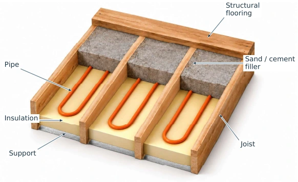 Labelled cutaway of the pug system showing pipe placement and floor layers