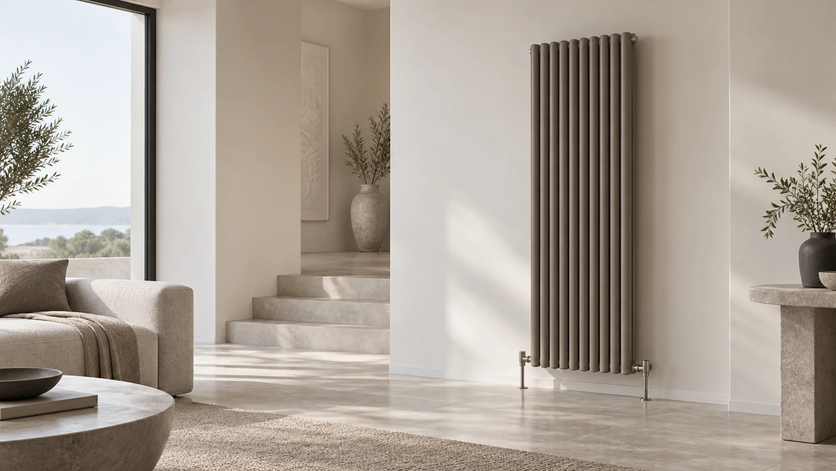 Contemporary warm taupe column radiator in a refined modern interior